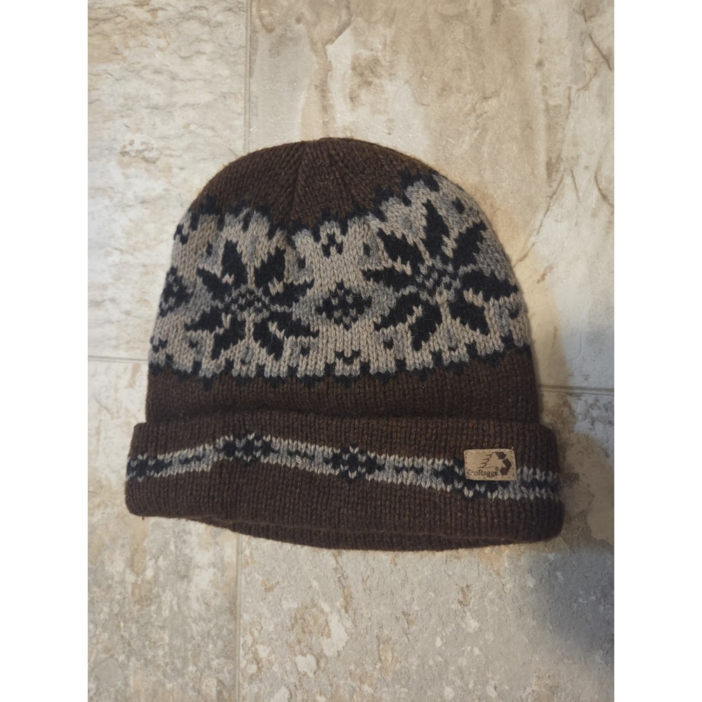Vintage EcoRaggs Brown Winter Beanie With Nordic Inspired Snowflake Pattern Wool